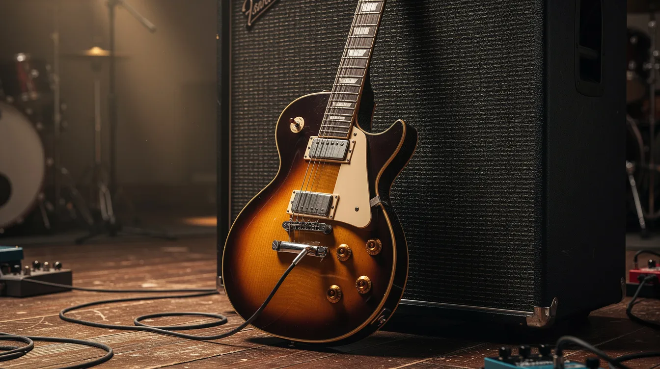An electric guitar rests against a large speaker cabinet in a rehearsal space, symbolizing the fusion of hip hop and rock music. This setup hints at the diverse genres of rap music that might be created in this environment, including styles like rap rock and conscious hip hop.