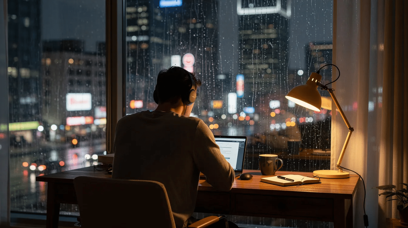 A person wearing headphones sits at a cozy desk illuminated by warm lamp light, with a rainy city skyline visible through a large window at night, creating a distinct aesthetic reminiscent of lo fi music vibes. The scene evokes a chill mood, perfect for music production or writing while listening to relaxing beats.