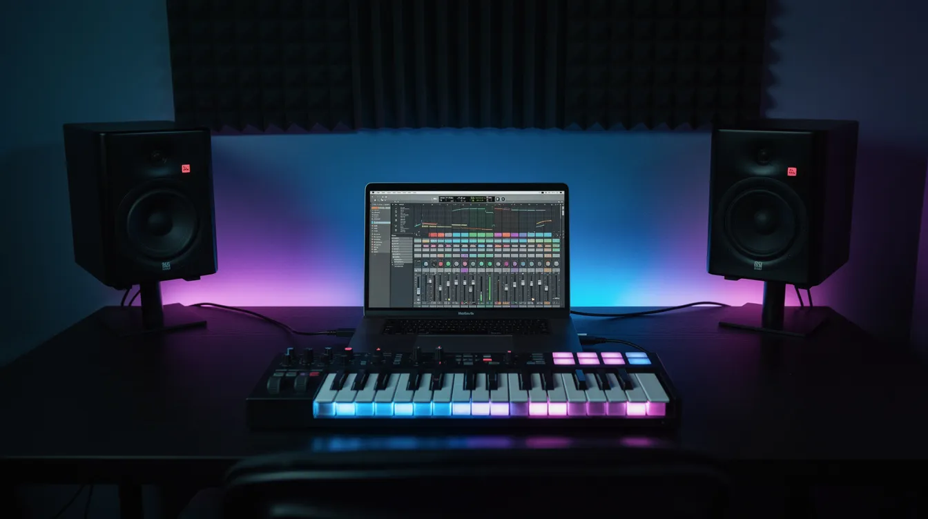 The image depicts a modern music production setup featuring a laptop, studio monitors, and a MIDI keyboard, all illuminated by vibrant neon lights in the room. This setup is ideal for producing various hip hop genres, including trap music and conscious rap, showcasing the intersection of technology and creativity in contemporary rap music.