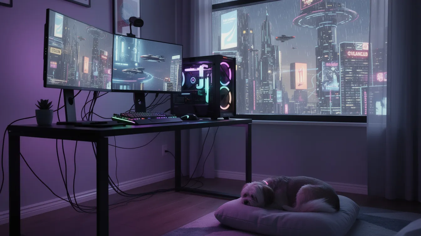 A cozy neon-lit computer setup at night features purple and blue lighting, with a small dog peacefully resting nearby. Through the window, a retro-futuristic cityscape adds to the ambiance, reminiscent of the chill beats often associated with the lofi girl YouTube channel.