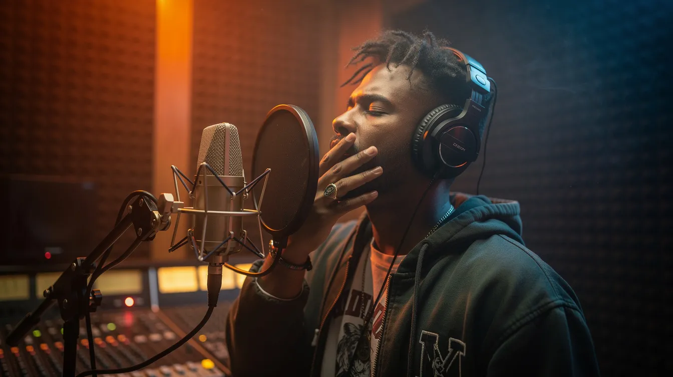 The image depicts a person passionately freestyling into a microphone inside a dimly lit recording studio booth, embodying the essence of hip hop music. The atmosphere suggests a blend of various rap styles, possibly hinting at influences from gangsta rap or old school hip hop.