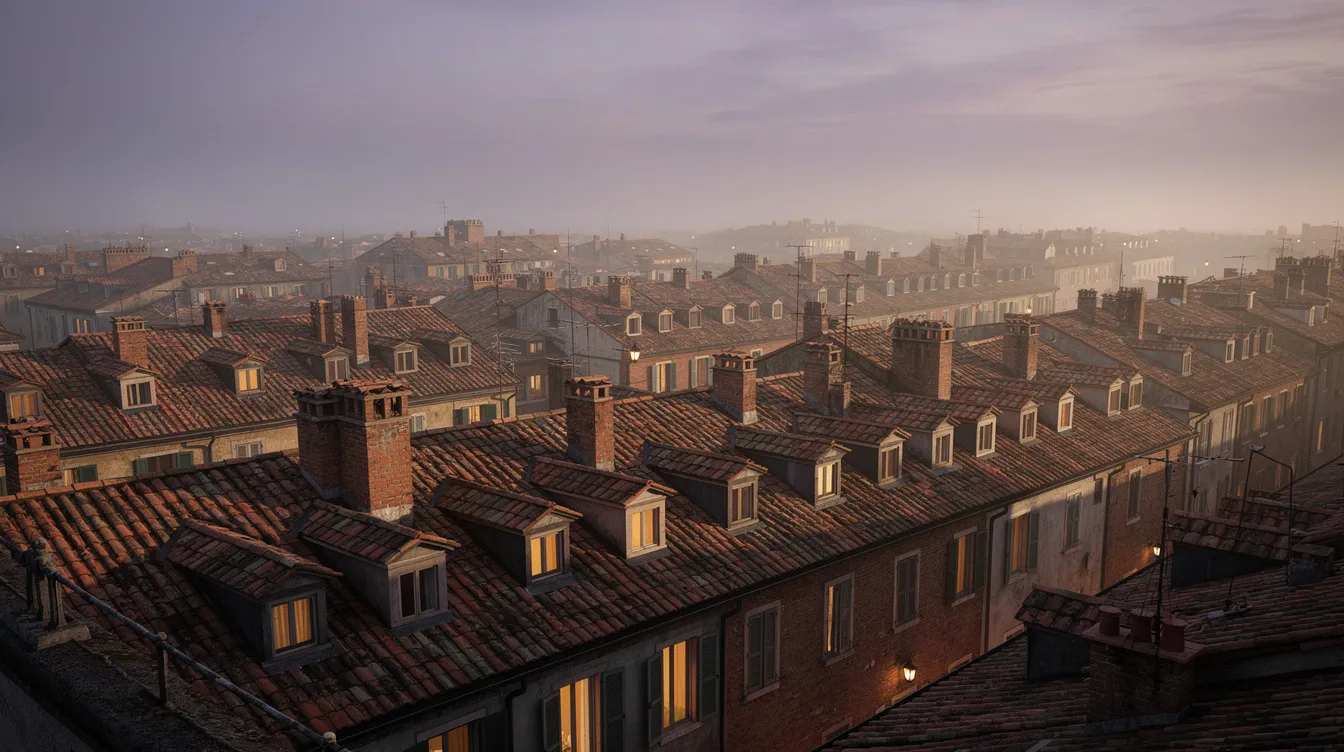 The image depicts a picturesque view of European city rooftops at dusk, bathed in warm golden and purple hues, with charming chimneys and tiled roofs extending into the distance. This serene scene evokes the calming vibes often associated with lofi beats, perfect for relaxing study sessions or enjoying chill beats while listening to the lofi girl on YouTube.