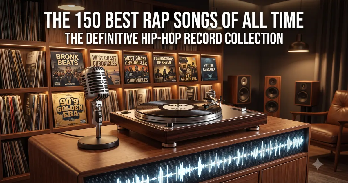 The 150 best rap songs of all time represented by a microphone, turntable, waveform and hip-hop record collection
