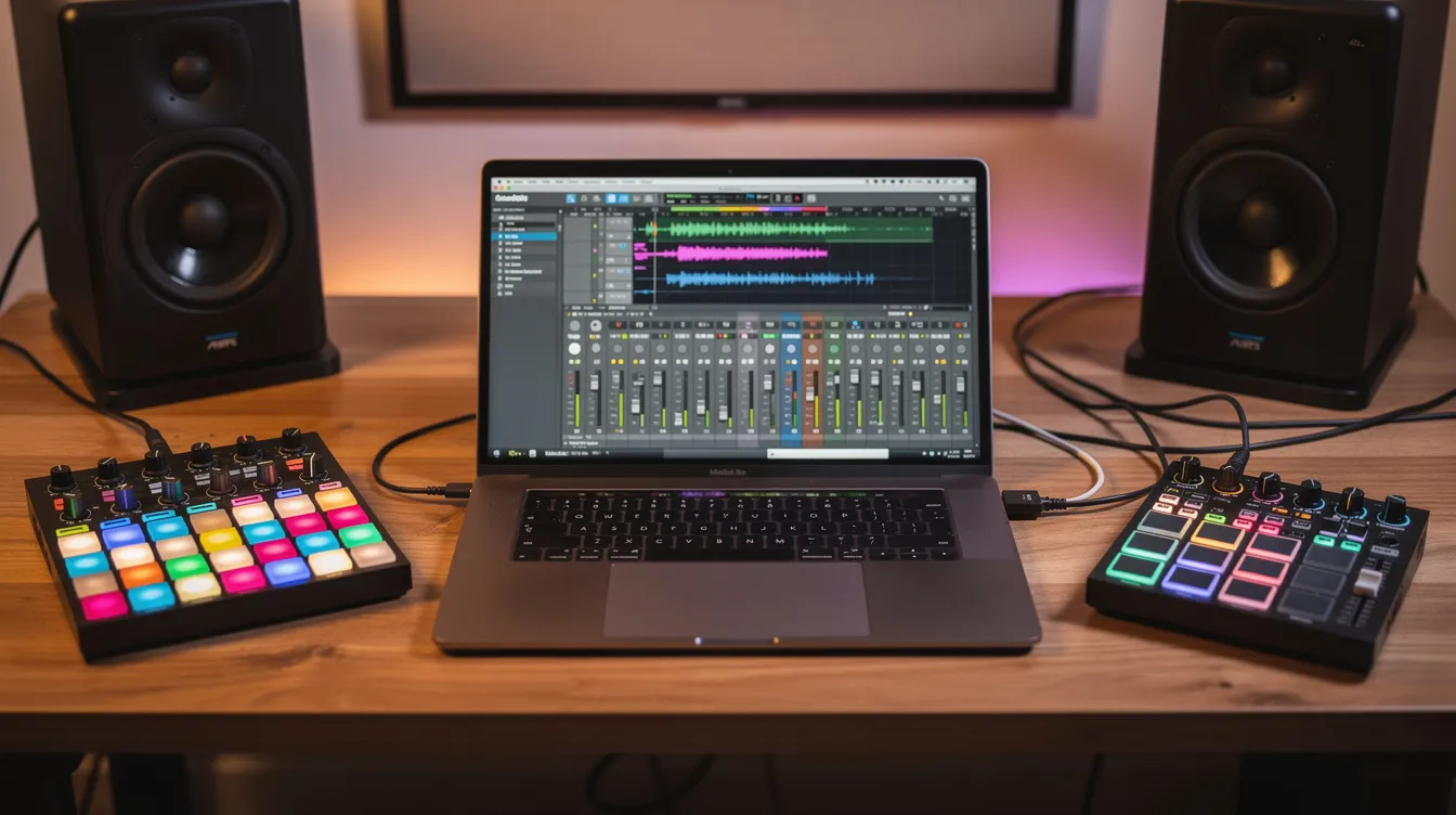 A close-up view of a music production setup featuring a laptop, a drum machine, studio monitors, and a vibrant MIDI controller, all arranged on a wooden desk, reflecting the creative space of hip hop artists and music industry professionals. This setup embodies the essence of modern music creation, where influential playlists and new tracks come to life.