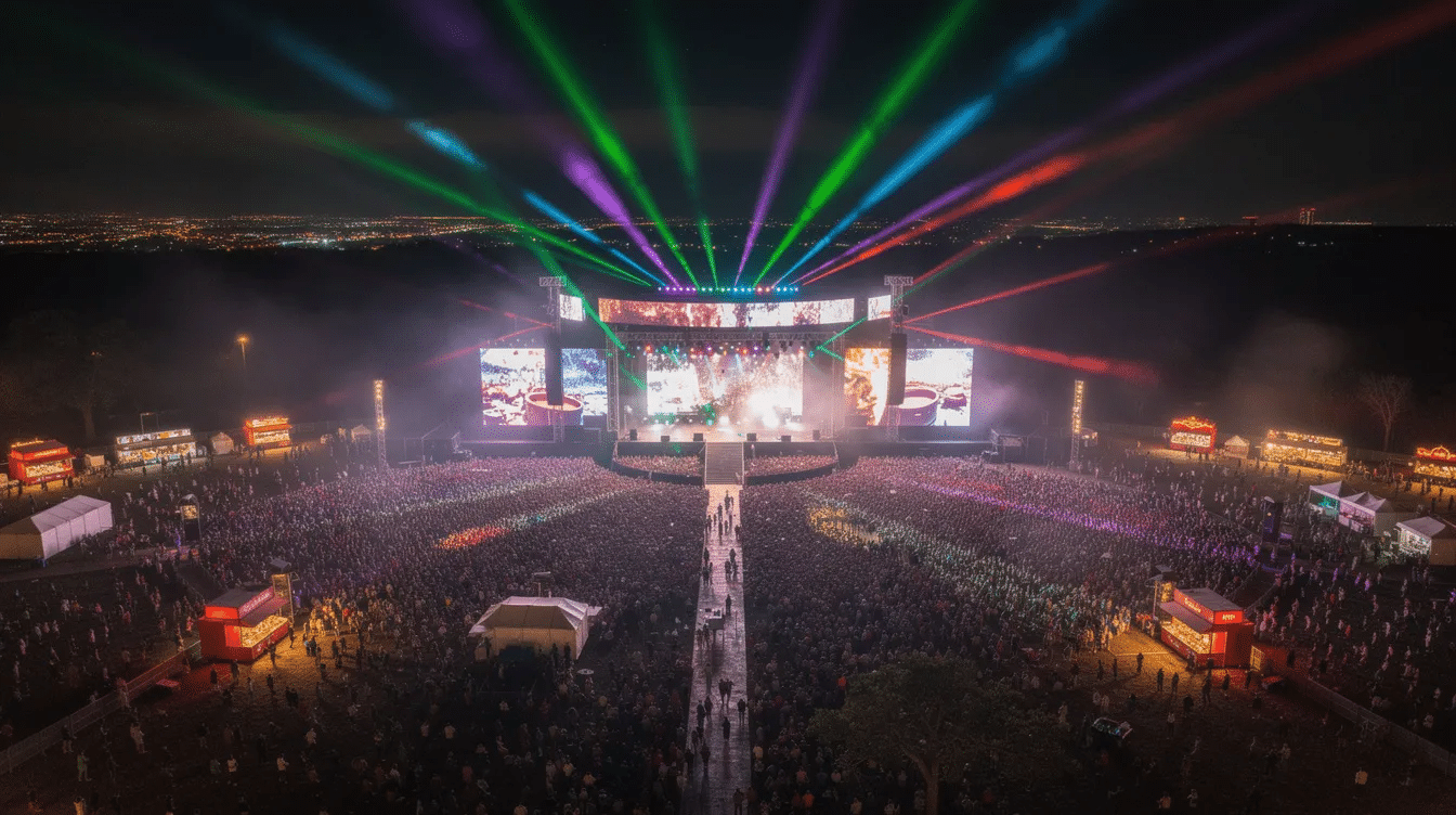An aerial nighttime view captures a vibrant festival stage in a large circular layout, surrounded by thousands of attendees immersed in electronic dance music. Colorful laser beams sweep across the sky, creating a dynamic atmosphere reminiscent of events like the Ultra Music Festival and Electric Daisy Carnival.