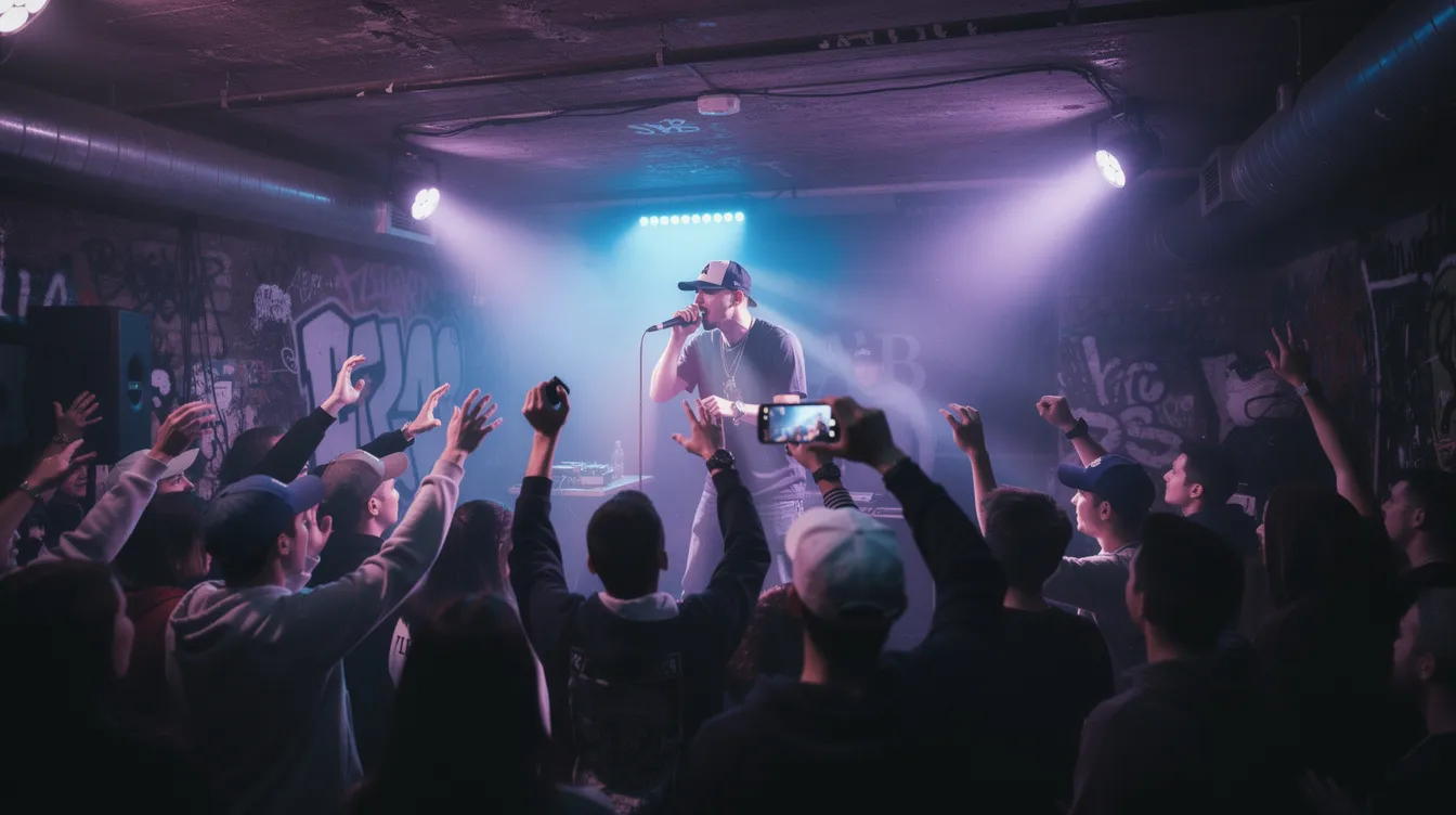 An energetic underground hip-hop concert takes place in a small venue, with fans raising their hands in excitement under vibrant purple and blue stage lighting. The atmosphere is charged with the music of hip hop artists, creating a dynamic experience that highlights the culture and influence of today's music industry.