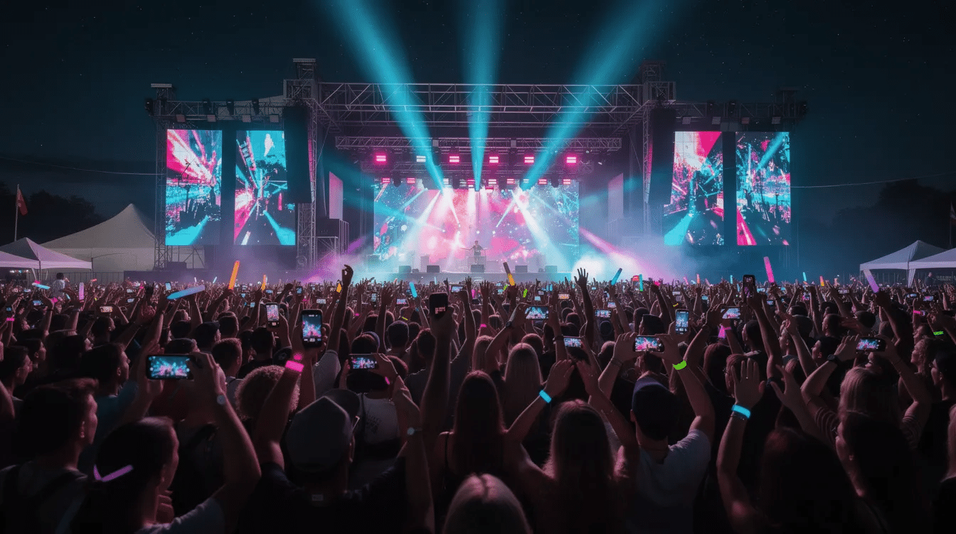 A lively outdoor music festival at night, filled with a dense crowd of people dancing under vibrant neon stage lights, celebrating various genres of electronic dance music, including house and trance. The atmosphere is electric, as attendees enjoy the pulsating rhythms and beats of popular EDM songs from renowned artists.