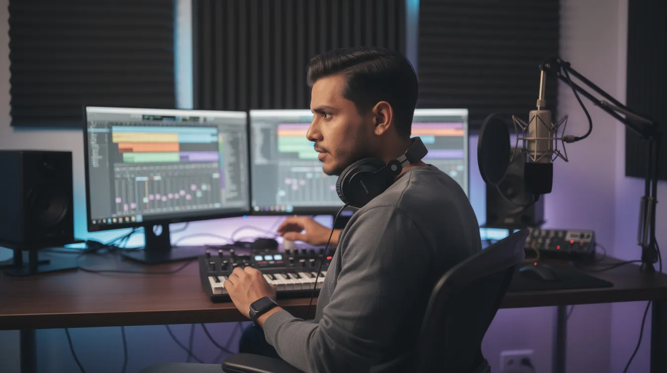 A music producer is seated in a cozy home studio, surrounded by dual monitors displaying music software, a MIDI keyboard ready for creating electronic dance music, and studio headphones resting around their neck. This setup reflects a vibrant atmosphere for producing various genres, including EDM and house music.