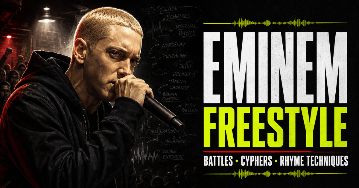Eminem performing a freestyle in a Detroit-style rap battle setting with a microphone, rhyme notebook and waveform