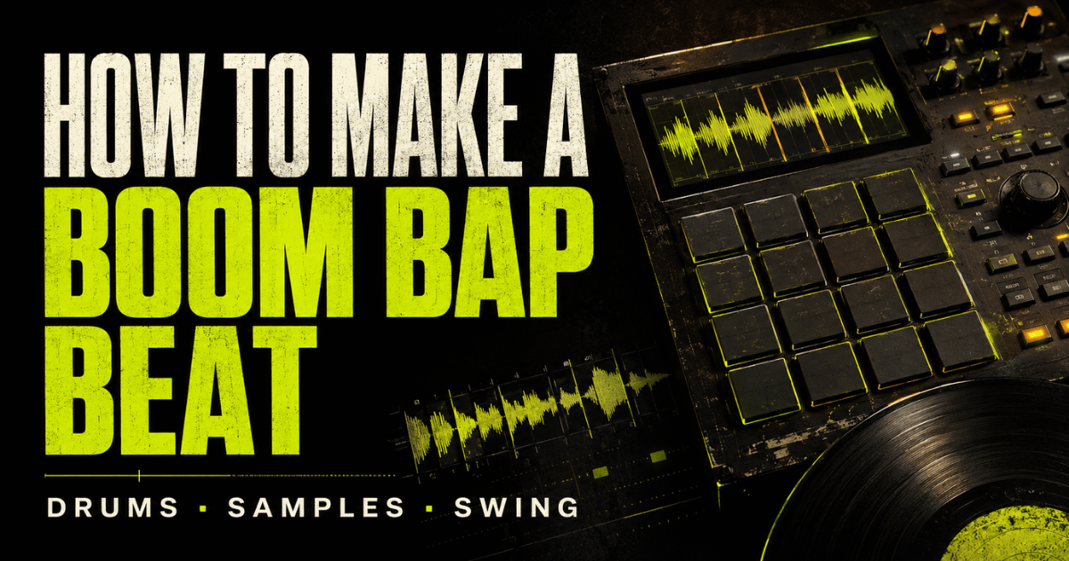 DAW session showing a Boom Bap drum pattern, chopped sample waveform, bassline and swing timing