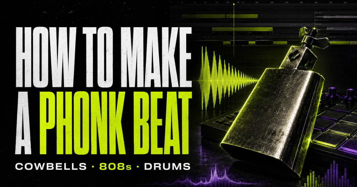DAW session showing a Phonk cowbell melody, hard drum pattern, vocal chop and distorted 808 bassline
