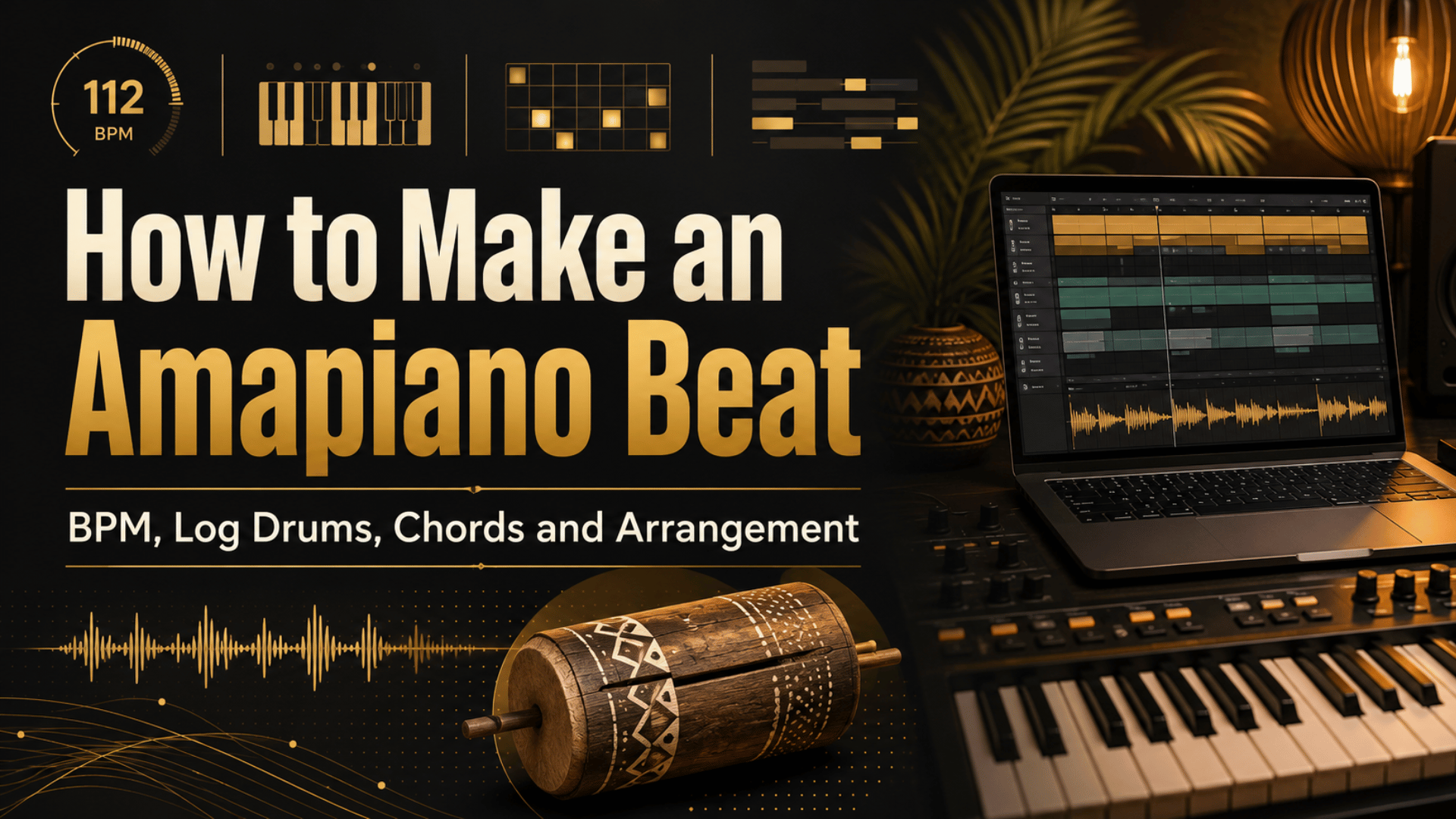How to make an Amapiano beat using 112 BPM, log drums, piano chords, percussion patterns and arrangement techniques.