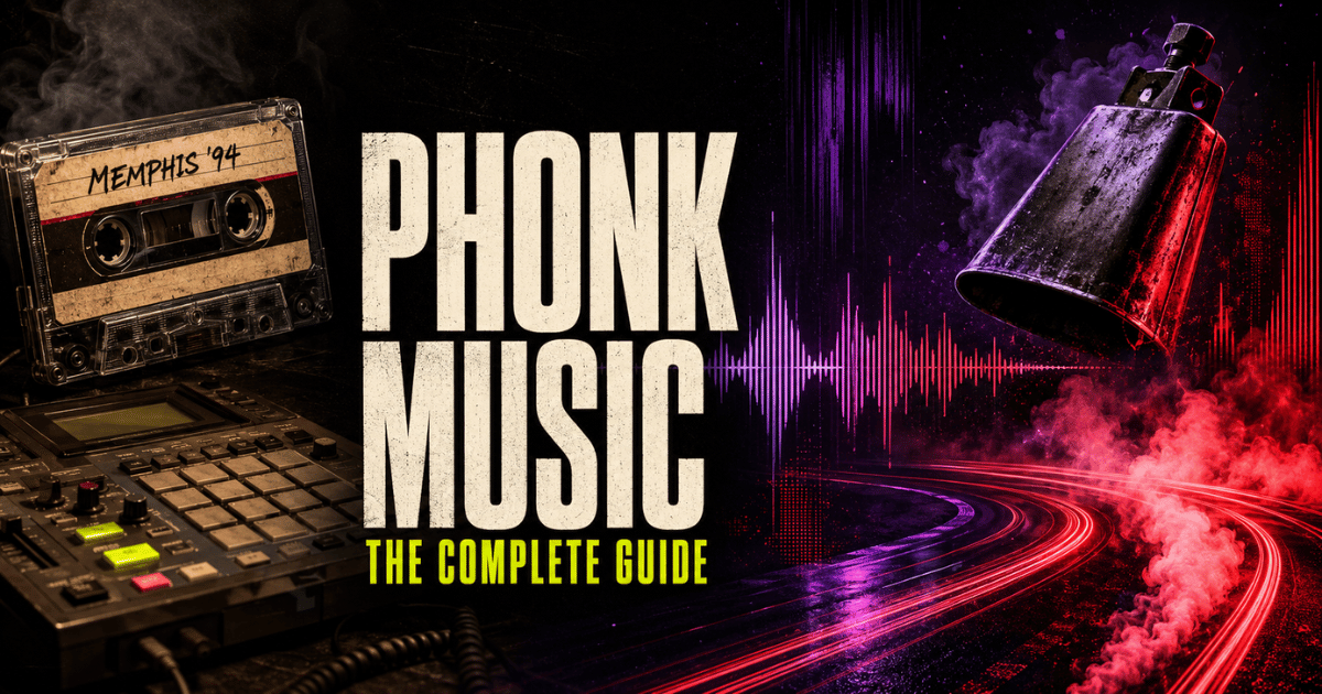 Phonk music guide showing Memphis cassette roots, 808 cowbell and modern drift phonk
