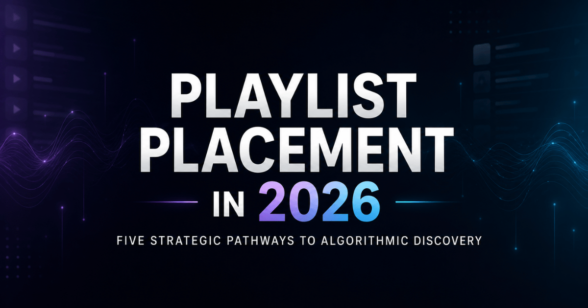 Playlist placement in 2026 blog graphic showing algorithmic music discovery with clean playlist and audio waveform visuals.