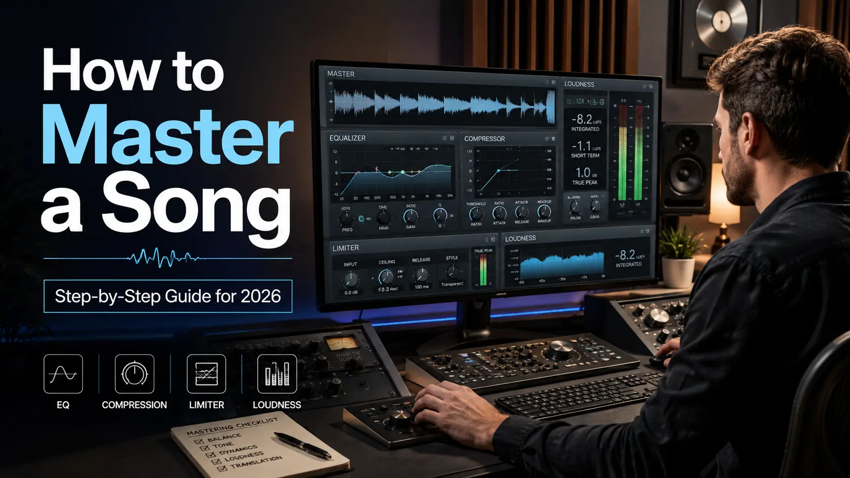 Producer learning how to master a song using EQ, compression and a limiter