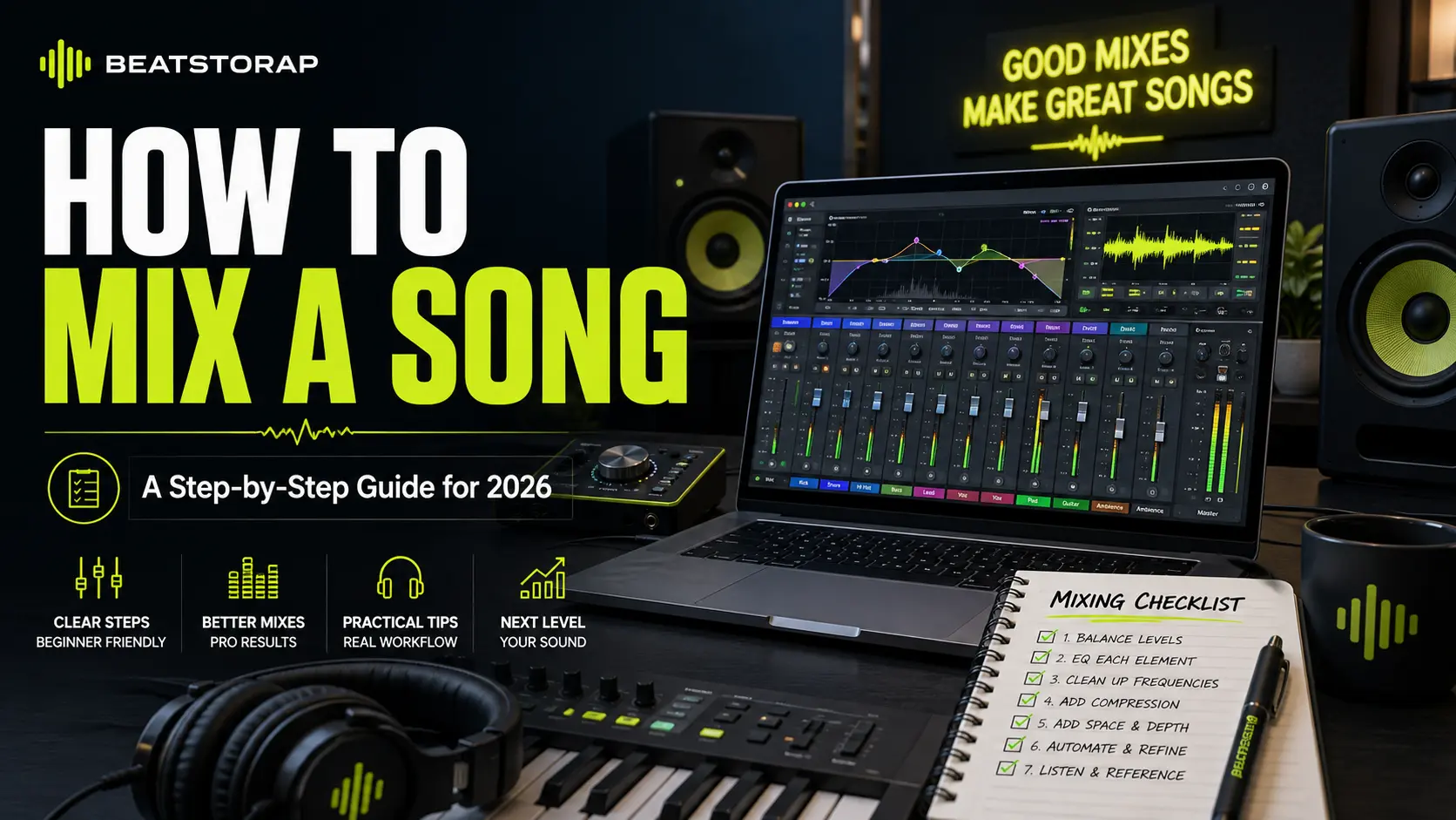 Producer learning how to mix a song using EQ, compression, panning and level balancing