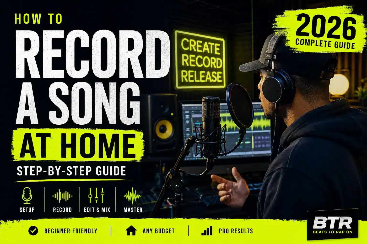 Artist learning how to record a song at home using a microphone, audio interface and recording software