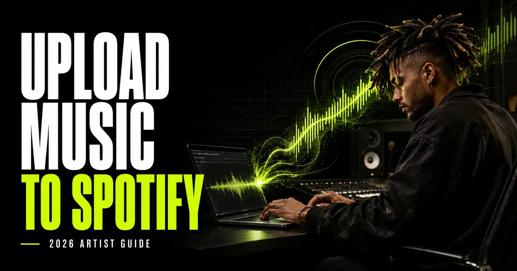 Independent artist uploading music to Spotify from a studio laptop in 2026