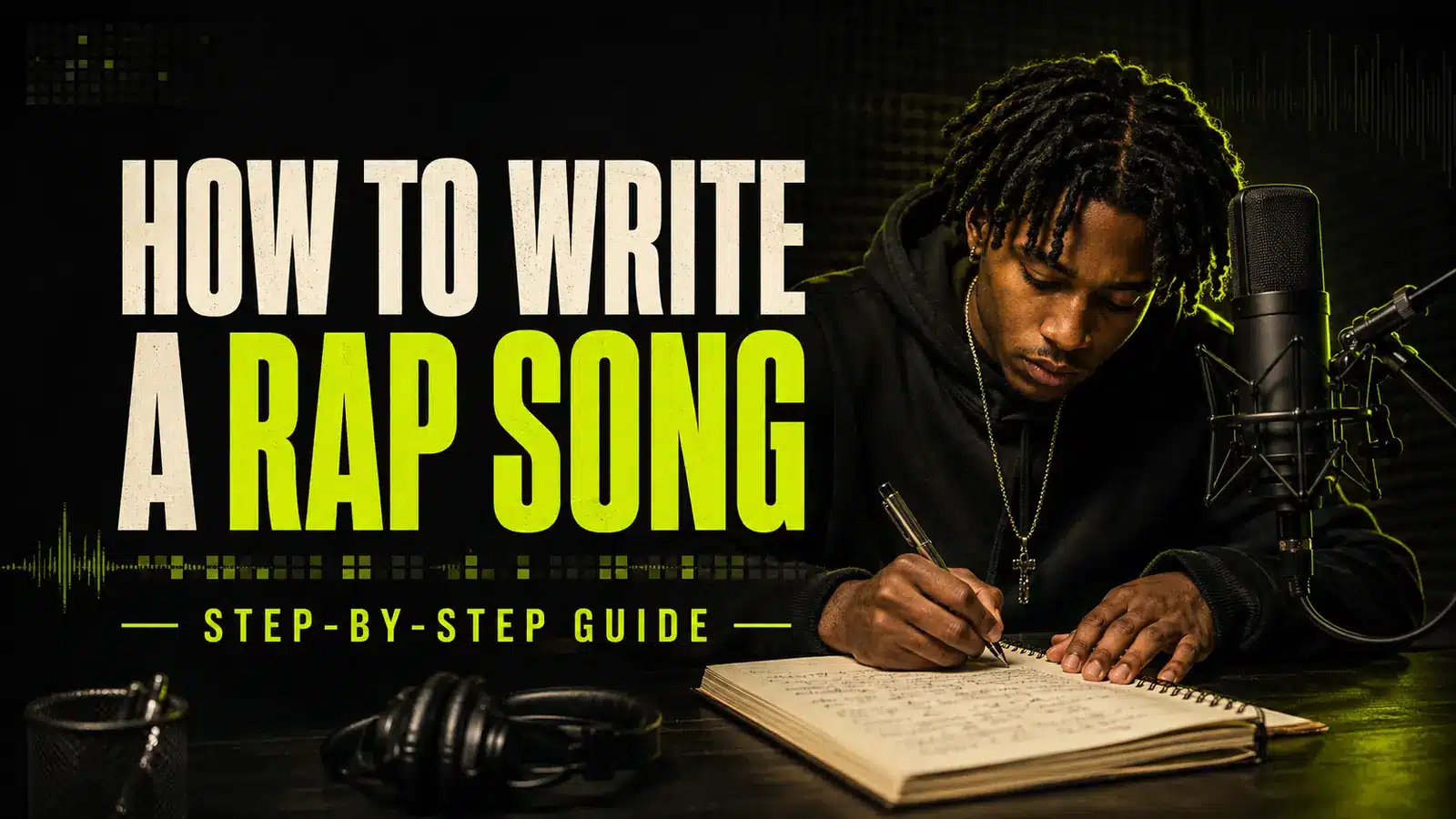 Rapper writing lyrics beside a microphone using a step-by-step rap song structure