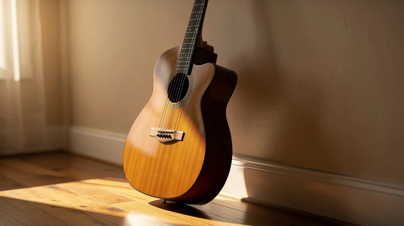 An acoustic guitar leans against a sunlit wall in a warm-toned room, inviting creativity and musical expression. This serene setting suggests a perfect space for music production and the creative process, inspiring artists to generate original music.