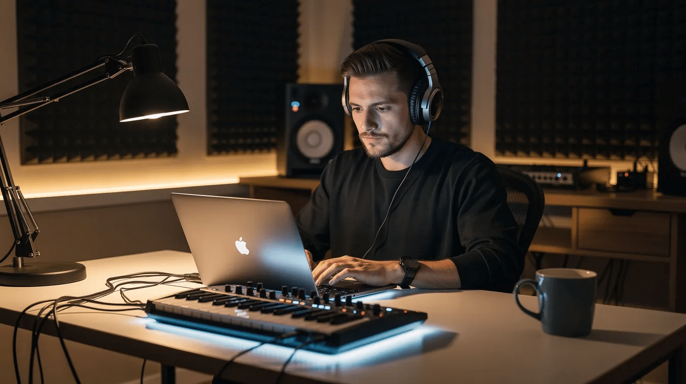 The image shows a musician wearing headphones, sitting at a desk immersed in music production with a laptop and MIDI keyboard in a home studio setting. This scene reflects the creative process of generating music, highlighting the integration of AI technology in the music industry.