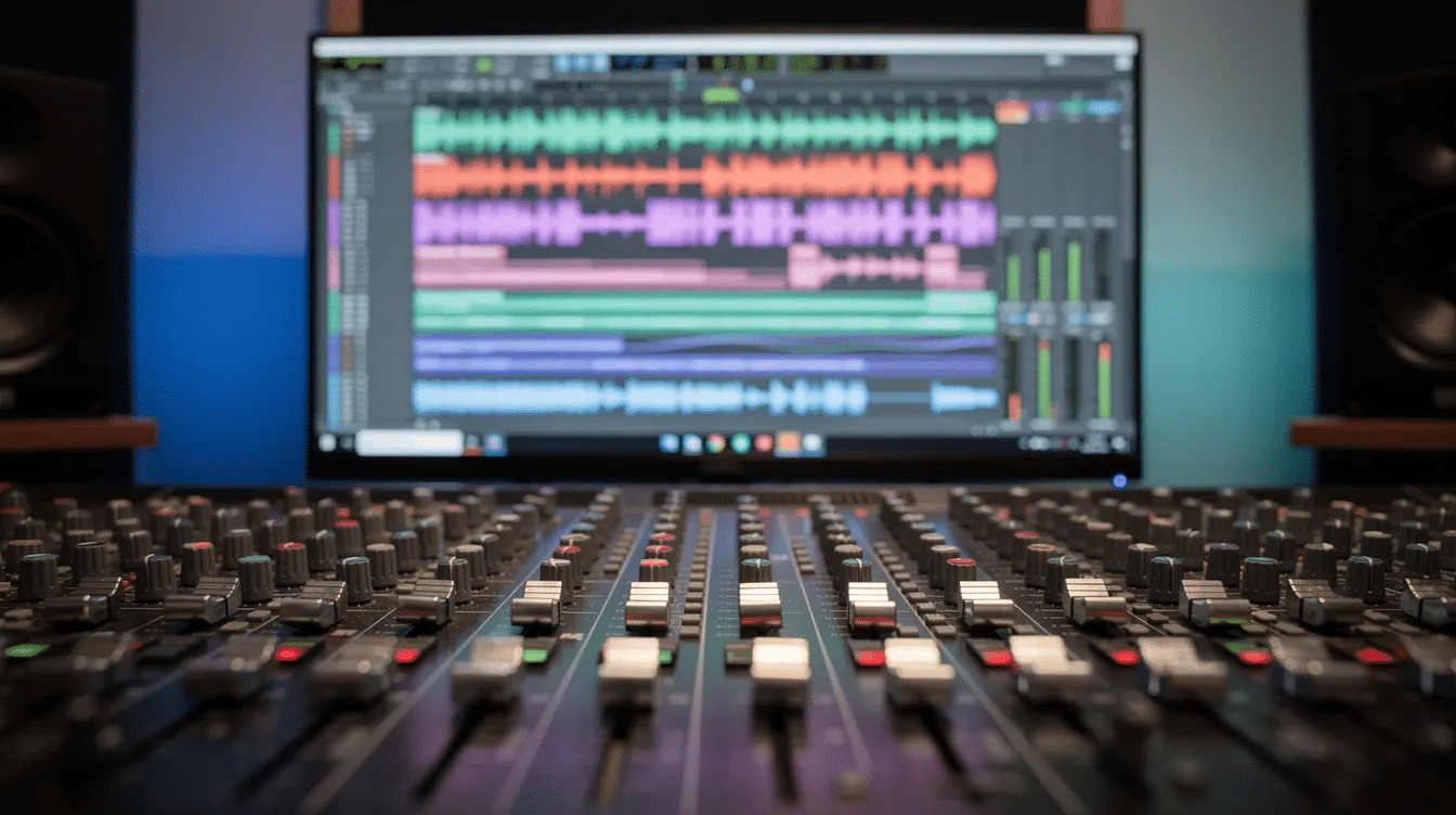 The image shows audio waveforms displayed prominently on a large studio monitor, with mixing console faders in the foreground, highlighting the intricate process of music production. This setup reflects the use of AI technology in music generation, showcasing the creative input and sound quality essential for producing original music.