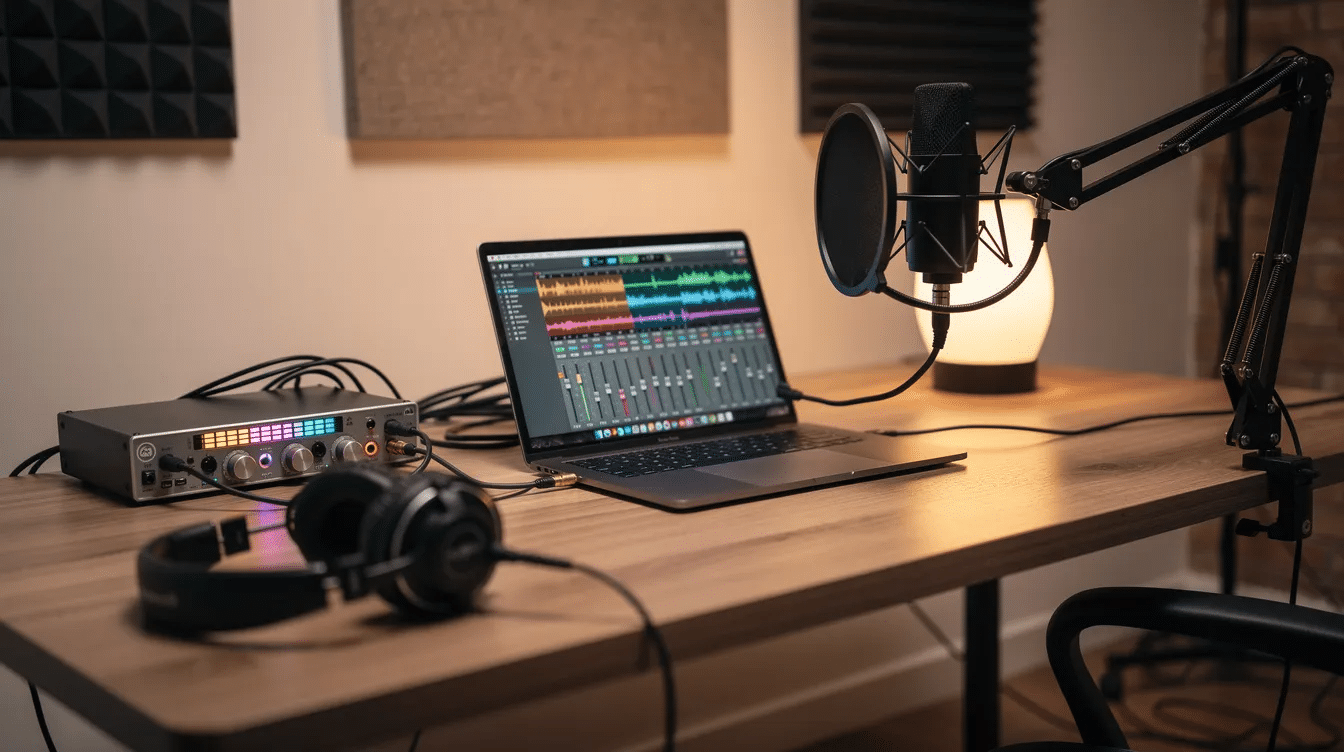 The image depicts a cozy home music studio featuring a desk equipped with a laptop, a microphone, headphones, and an audio interface, creating an ideal space for independent artists to produce and upload music for various digital service providers. This setup highlights the modern music distribution landscape and the tools musicians use to discover and share their sounds on streaming platforms.