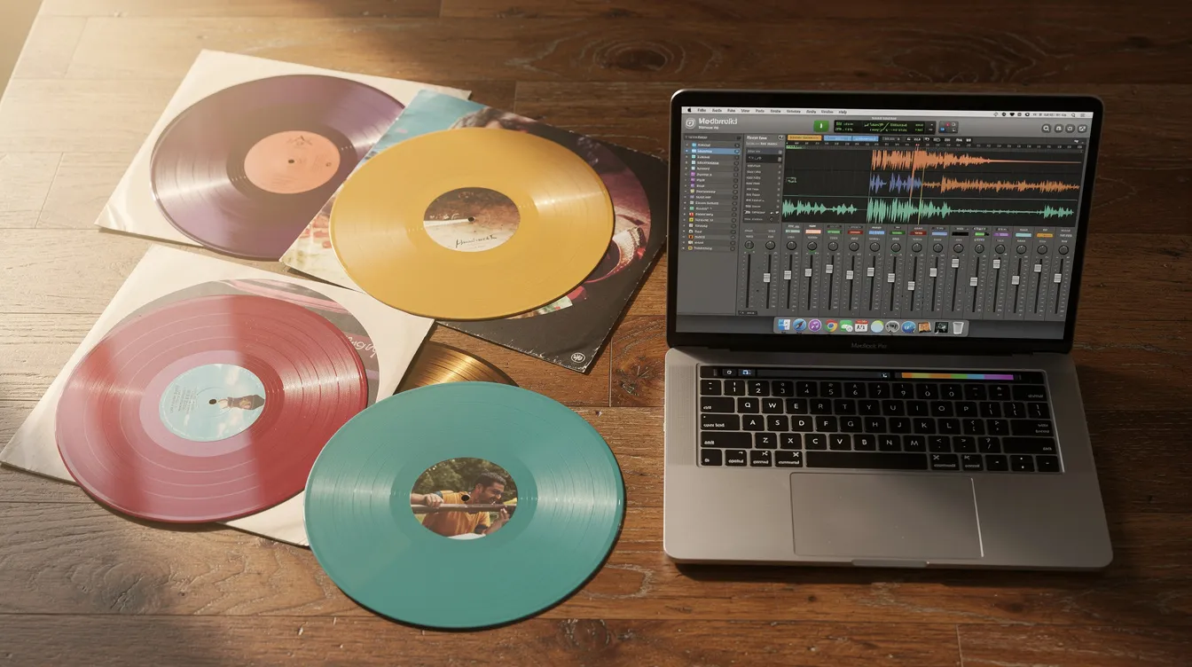 The image features a collection of vinyl records alongside a laptop on a wooden desk, with the laptop screen displaying audio waveforms, illustrating the intersection of traditional music formats and modern music production techniques. This setup reflects the creative process of music producers utilizing AI music generation tools to create original tracks and enhance sound quality.