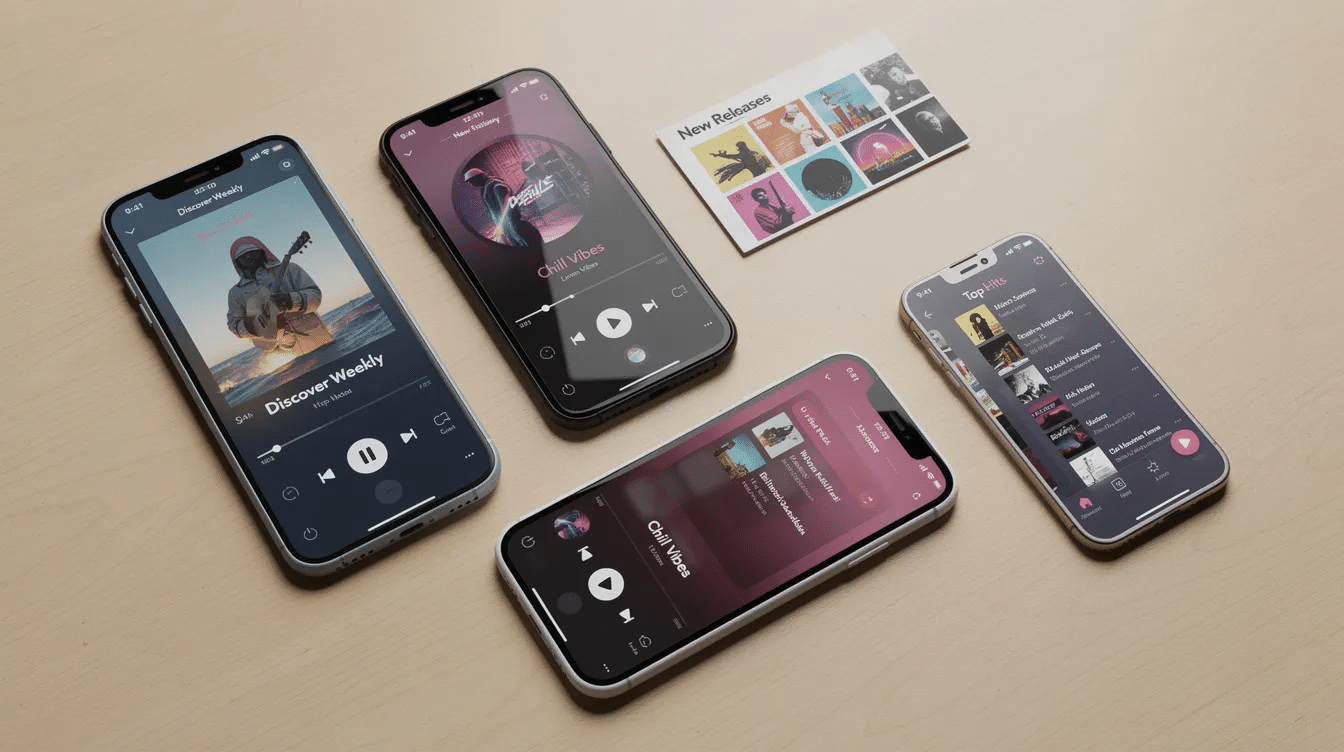The image shows multiple smartphones arranged on a table, each showcasing a different music streaming app interface, such as Spotify, Apple Music, and YouTube Music, highlighting the variety of digital service providers available for music discovery and consumption. This setup illustrates how users can explore and access a wide range of tracks and playlists from independent artists and major streaming services.