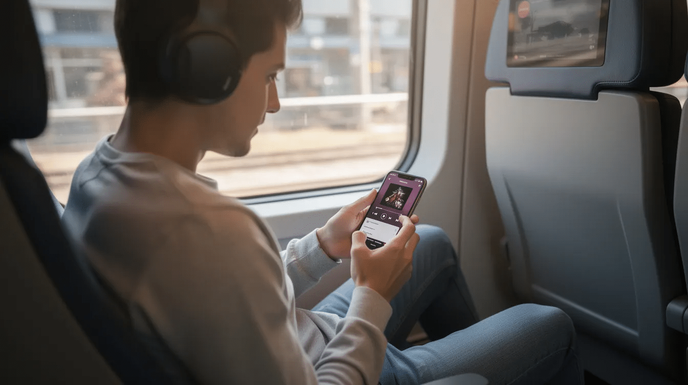 A person is sitting on a train, wearing headphones while scrolling through a music streaming app on their phone, likely exploring new releases and playlists from various digital service providers like Spotify and Apple Music. This scene captures the modern music consumption experience as users discover music from independent artists and major streaming services.
