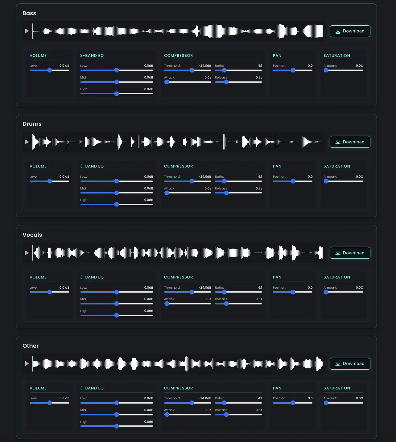 Overview of multiple stems (Bass, Drums, Vocals, Other) with effects options