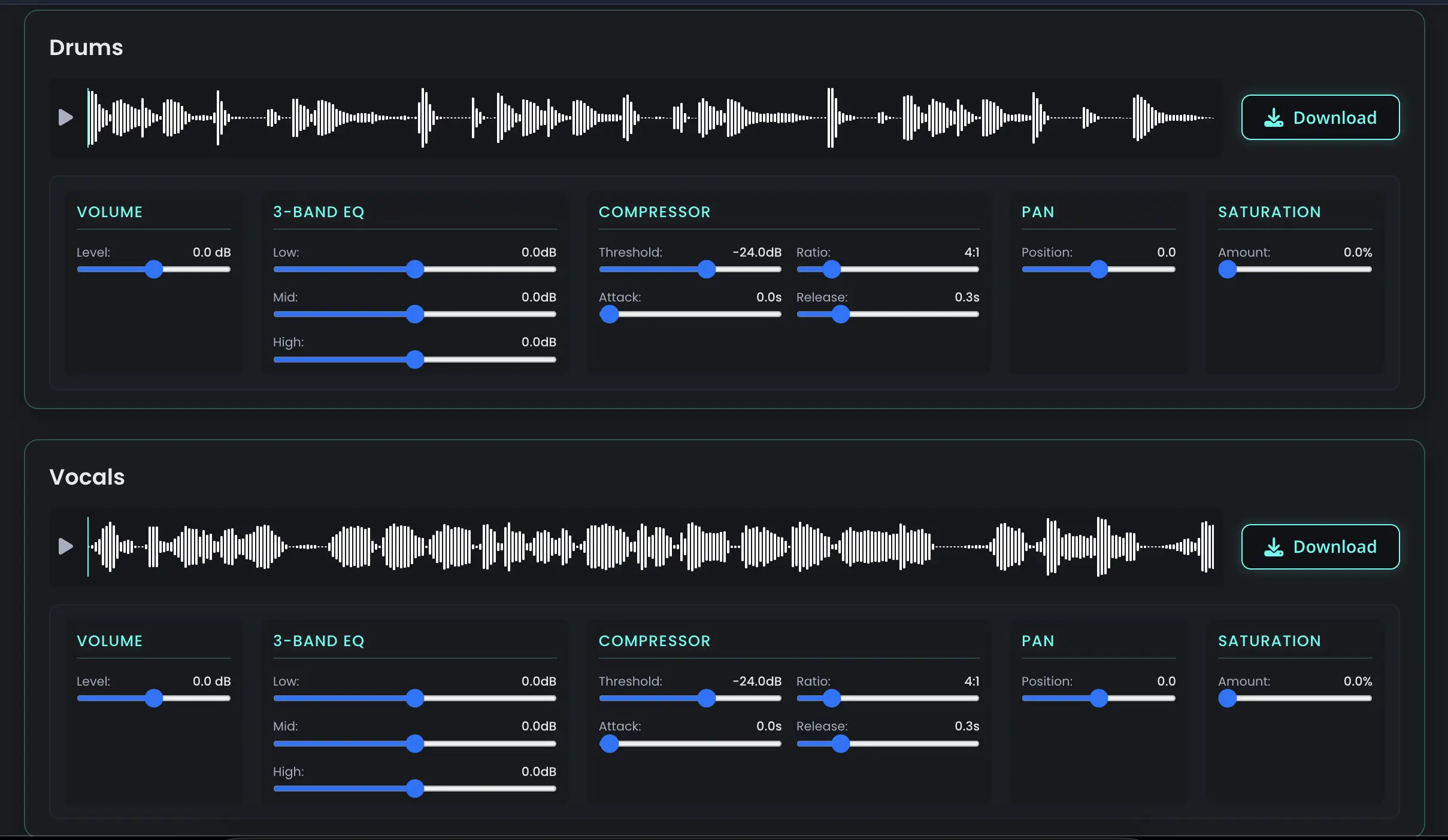 Detailed audio effect controls for Drums and Vocals stems