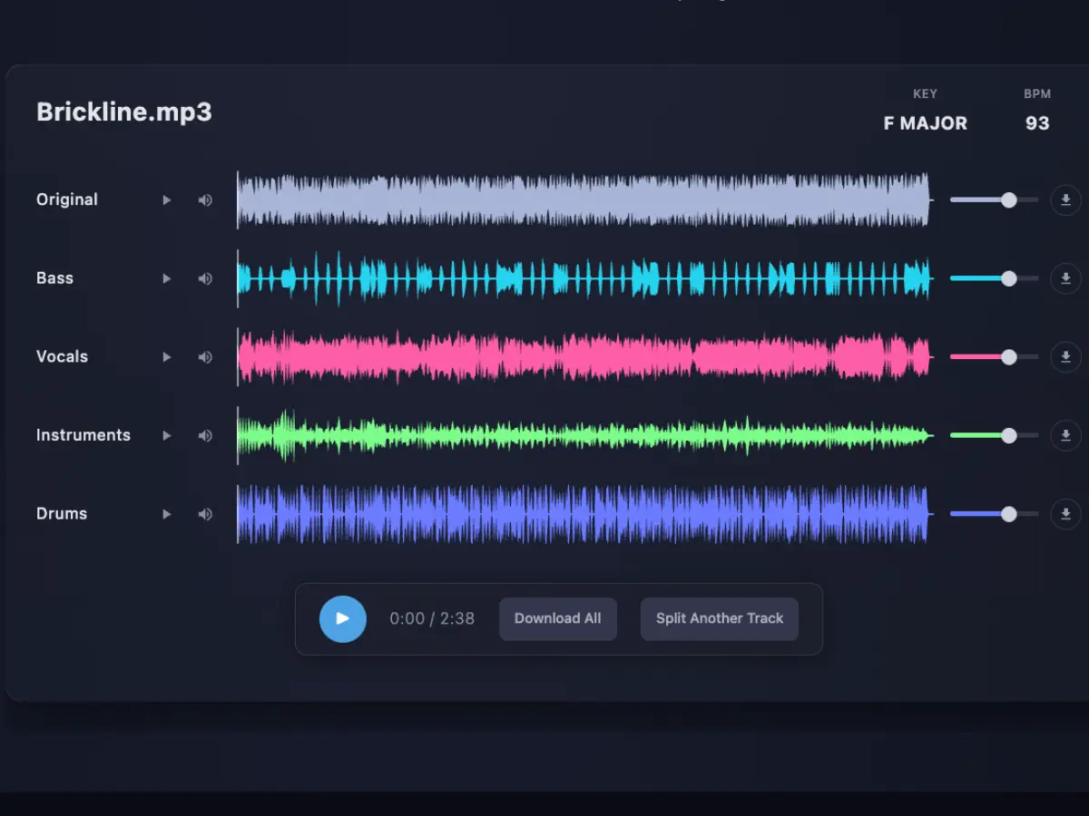 Stem player UI showing solo/mute controls and waveforms