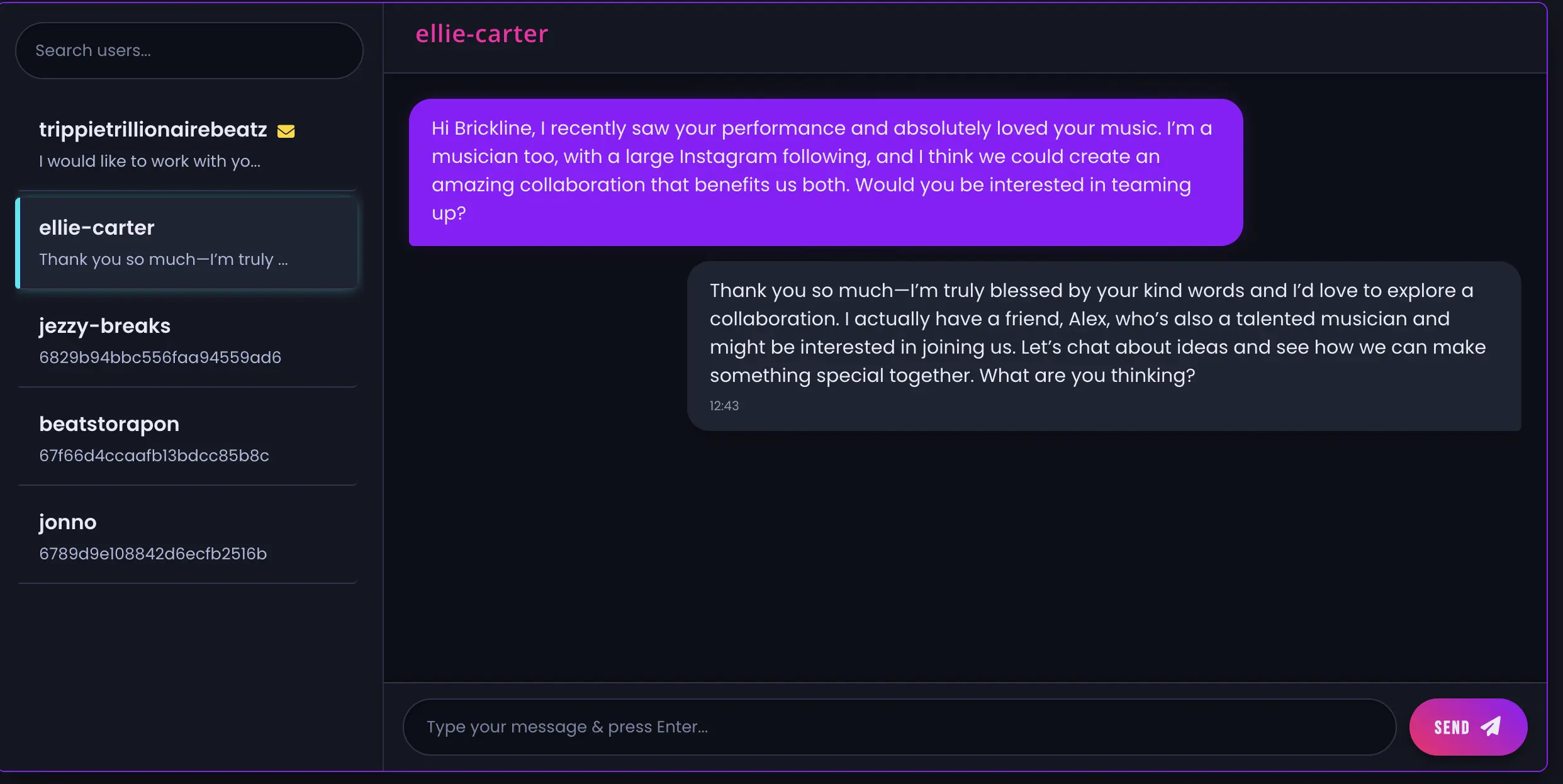Chat interface showing a conversation between creators