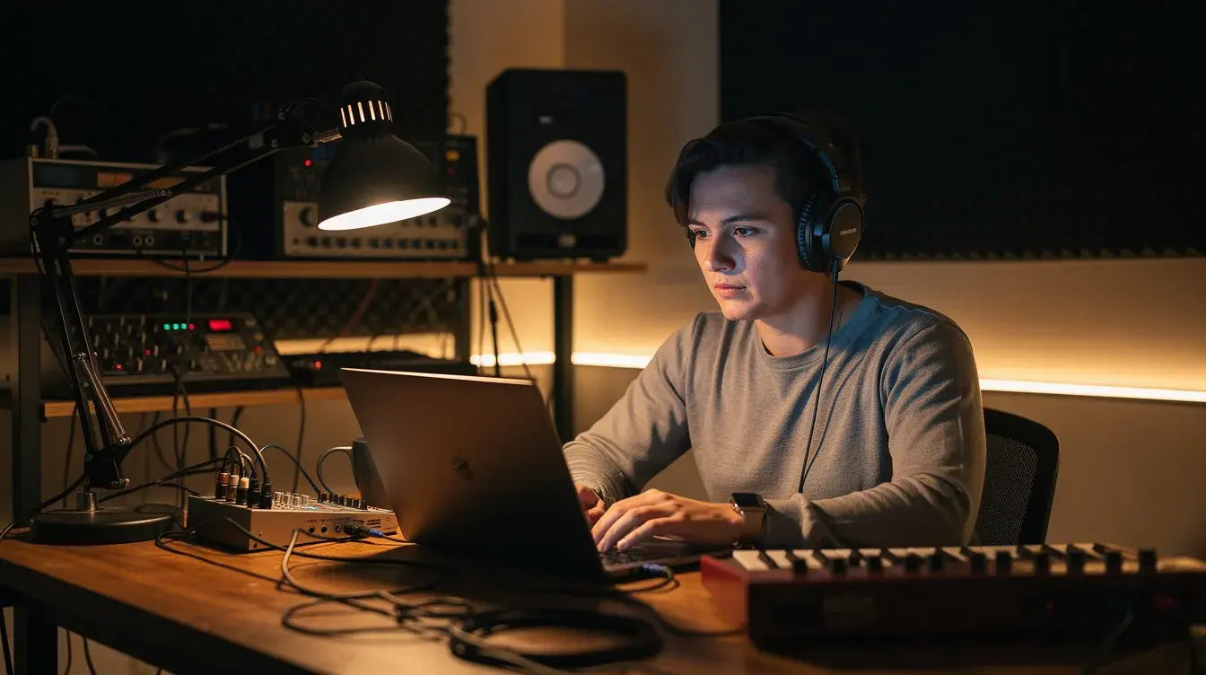 A person wearing headphones is seated at a desk in a dimly lit home studio, focused on their laptop as they work on generating rap lyrics. The atmosphere is creative and intimate, perfect for writing verses and refining lyrics for their next hit.