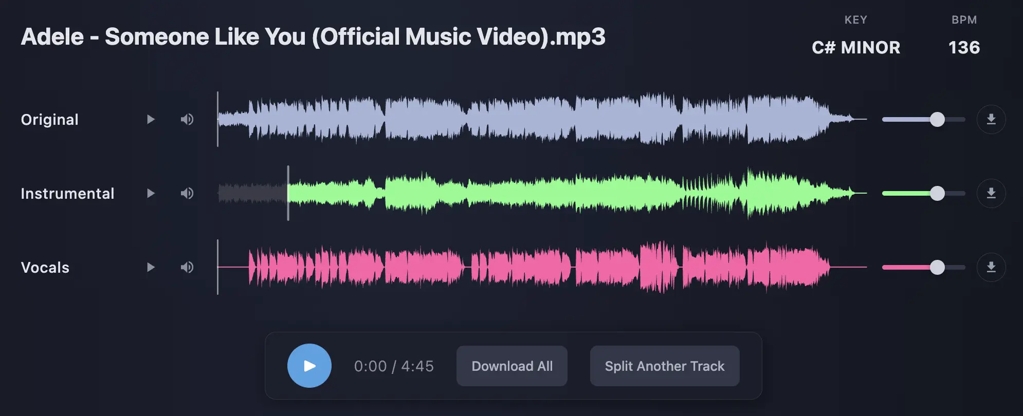Vocal remover preview showing vocal and instrumental outputs
